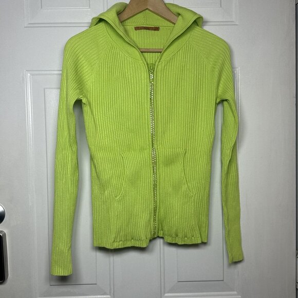 Belldini Bright Green Hooded Ribbed Sweater with Rhinestone Zipper Size Medium - Picture 1 of 9